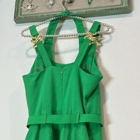 Vintage 90s CACHE wide leg jumpsuit halter gold X romper women’s size 8 green - Picture 7 of 10